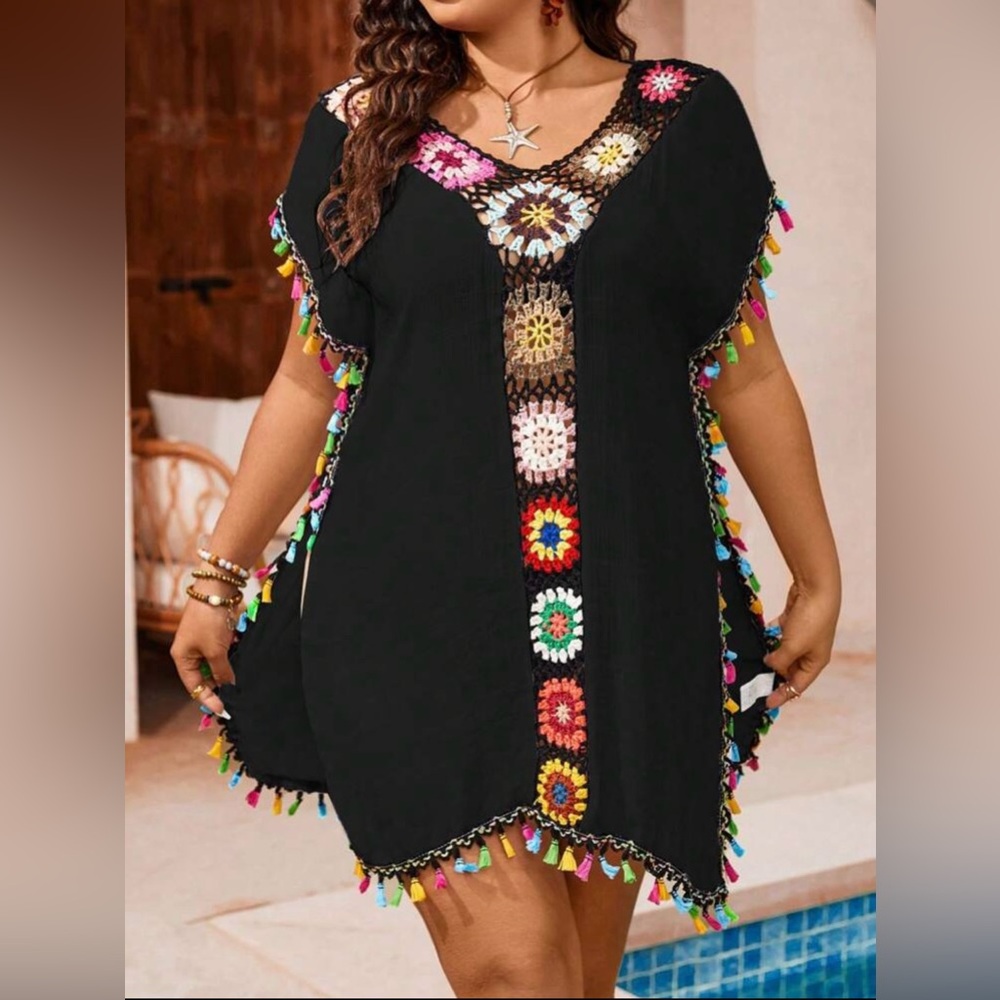 Black Granny Square Crochet Trim Swim Cover-Up